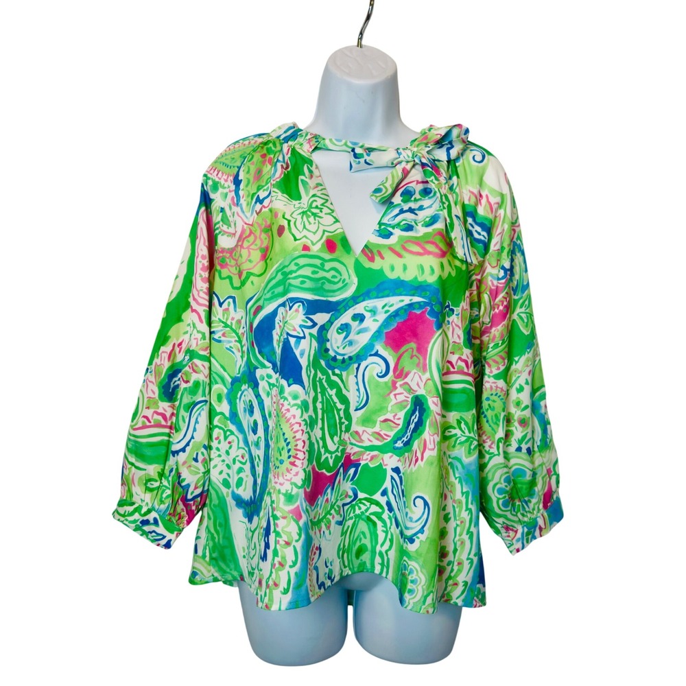 Jade Melody Tam Paisley Blouse Womens Small Green Pink NWOT Tie Neck 3/4 Sleeve